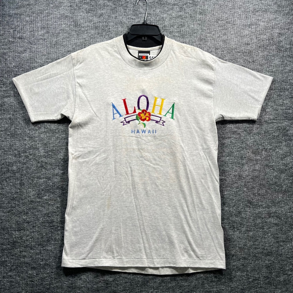 Vintage Signal Sport Aloha Hawaii Embroidered T-Shirt Grey Mens Medium
